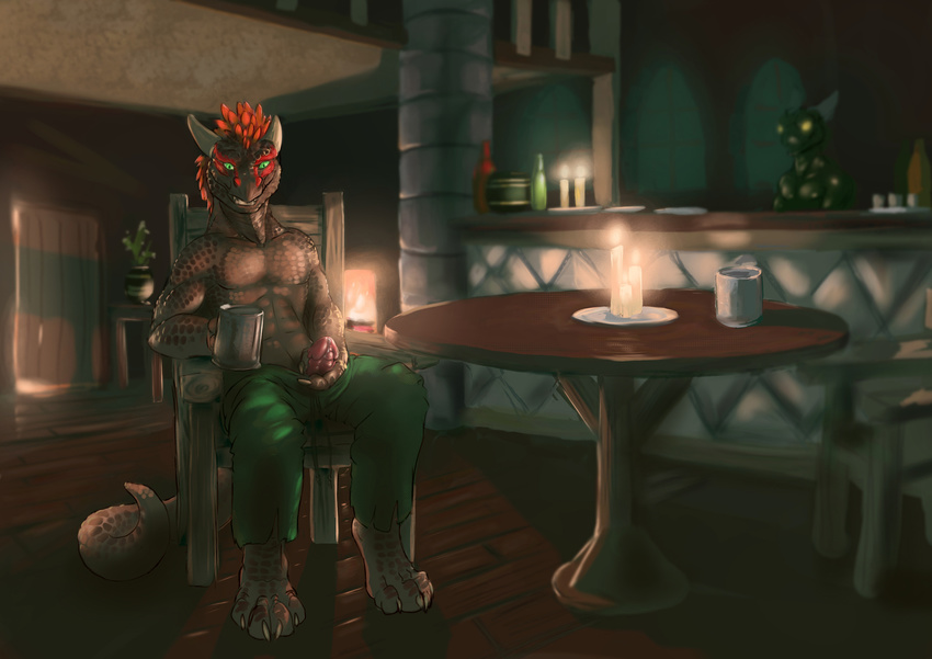 2015 4_toes animal_genitalia anthro argonian bar biceps brown_scales candle chair claws clothed clothing digital_media_(artwork) digitigrade dragon erection feathers fireplace green_eyes half-dressed horn looking_at_viewer male masturbation muscles orange_feathers pants penis precum presenting scalie scritt shiny sitting smile solo tavern teeth the_elder_scrolls toe_claws toes topless video_games