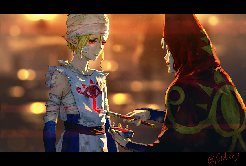 ag+_(atelieriji) bandage_on_face bandages blonde_hair commentary_request dust highres impa letterboxed multiple_girls paintbrush painting pointy_ears red_eyes sheik the_legend_of_zelda the_legend_of_zelda:_ocarina_of_time twitter_username younger