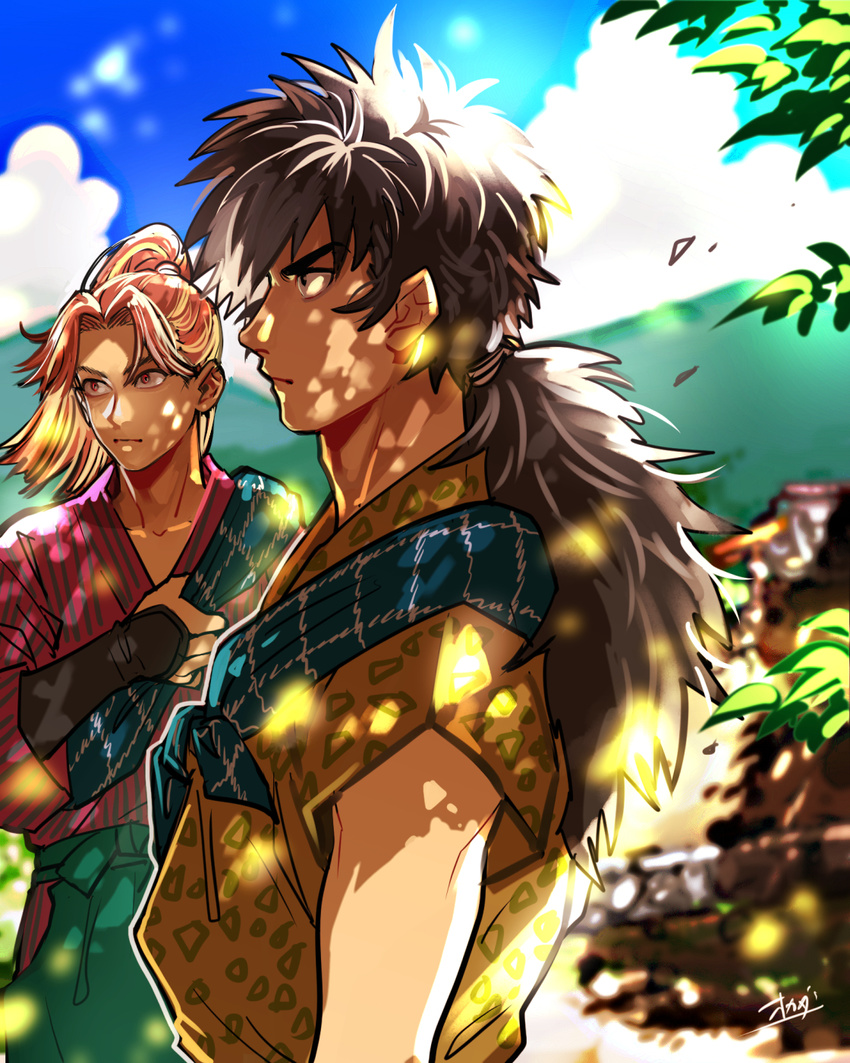 black_hair dappled_sunlight eyebrows hakama hama_shuichirou highres japanese_clothes low_ponytail male_focus messy_hair multiple_boys okada_(hoooojicha) orange_hair ponytail rakudai_ninja_rantarou red_eyes sunlight tamura_mikiemon thick_eyebrows