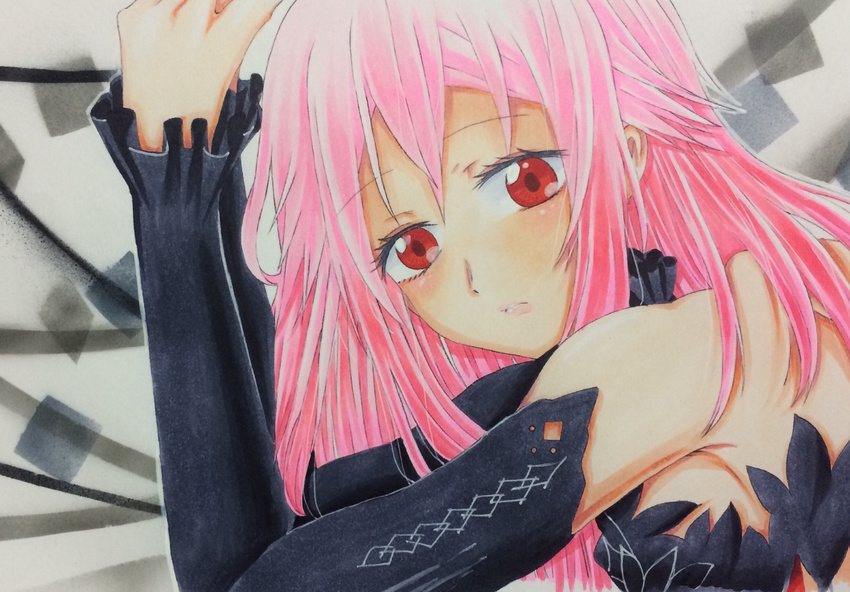 bare_shoulders commentary_request detached_sleeves guilty_crown hair_ornament hairclip highres long_hair looking_at_viewer marker_(medium) pink_hair red_eyes sarina_(tosiyukiryousuke) solo traditional_media twintails yuzuriha_inori