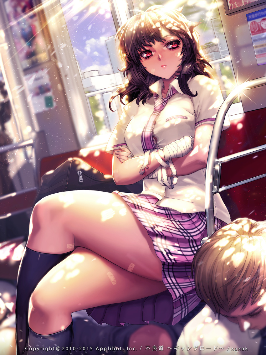 1girl breasts brown_hair crossed_arms crossed_legs furyou_michi_~gang_road~ ground_vehicle highres large_breasts lips lipstick makeup plaid plaid_skirt red_eyes sitting skirt sunlight thighs train xaxak