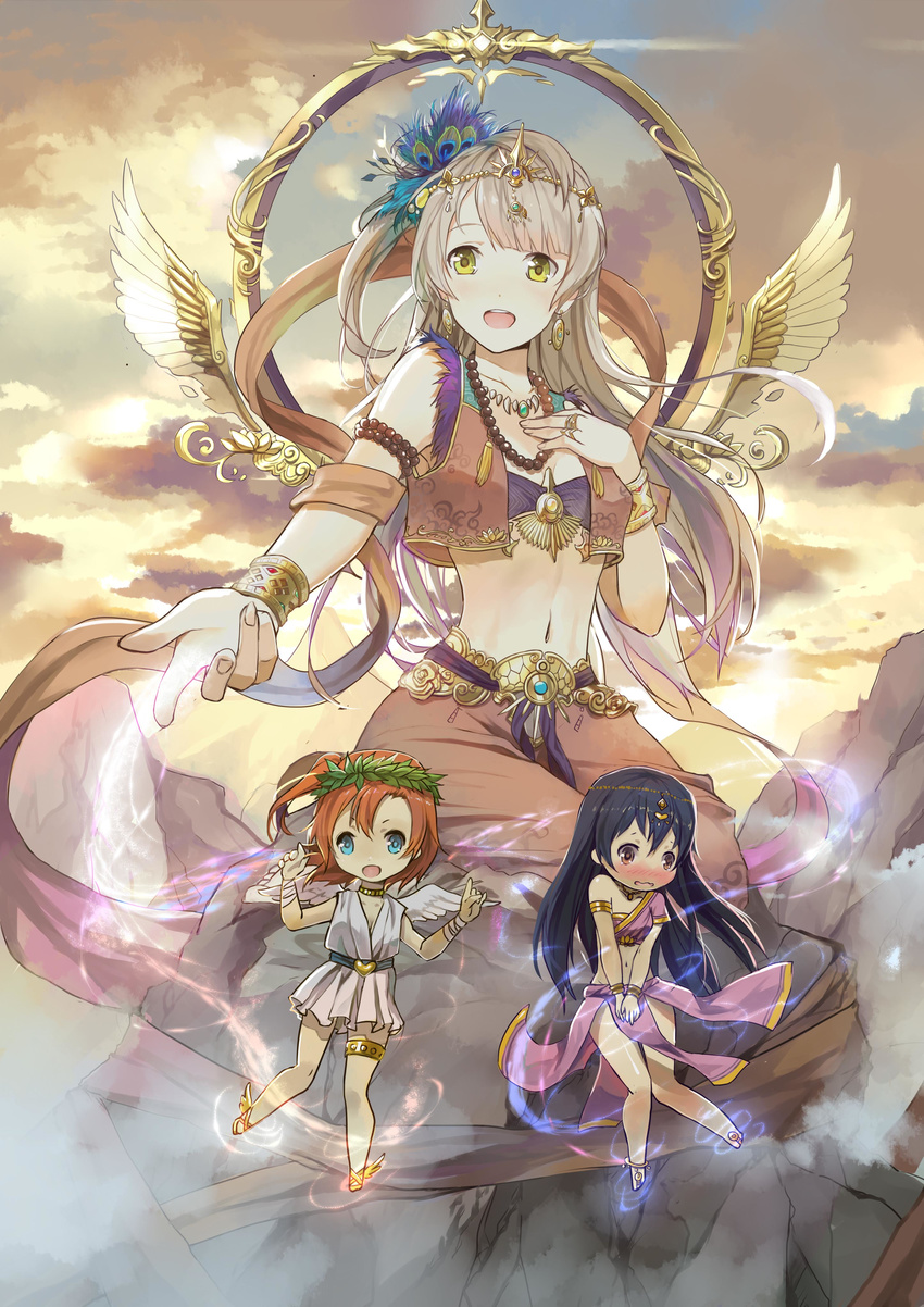 :d absurdres angel_wings anklet armlet barefoot barefoot_sandals black_hair blue_eyes blush bracelet brown_eyes brown_hair chibi chiton circlet covering covering_crotch embarrassed feathered_wings flying giantess goddess hand_on_own_chest head_wreath highres indian_clothes jewelry kousaka_honoka long_hair looking_at_viewer love_live! love_live!_school_idol_project magic midriff minami_kotori multiple_girls navel necklace no_panties one_side_up open_mouth outstretched_arm pearl_necklace pelvic_curtain ring sari short_hair smile sonoda_umi stflash thighlet toe_ring tunic wavy_mouth wings wreath