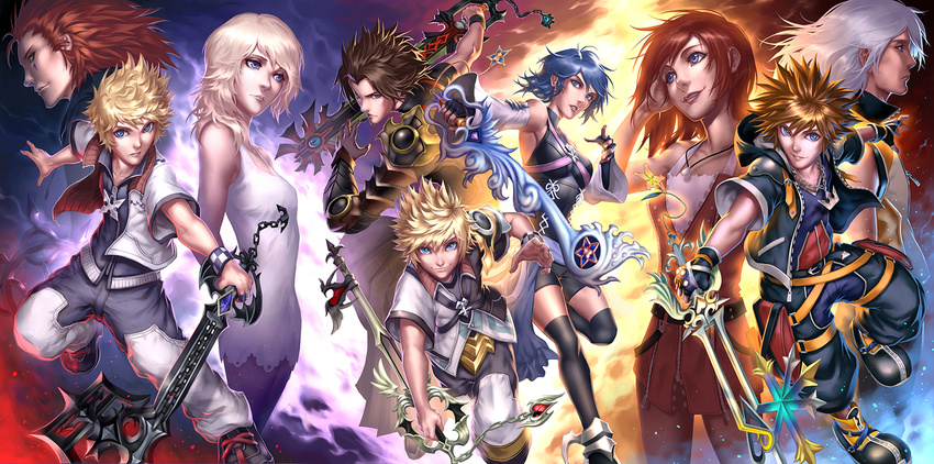 axel axel_(kingdom_hearts) disney everyone gradient gradient_background kairi kairi_(kingdom_hearts) keyblade kingdom_hearts kingdom_hearts_birth_by_sleep kingdom_hearts_ii kuroi-tsuki namine riku riku_(kingdom_hearts) roxas sora_(kingdom_hearts) spiked_hair square_enix terra_(kingdom_hearts) ventus weapon