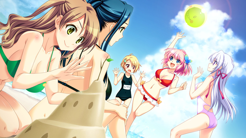 arm_up asai_sae ball bare_shoulders beach beachball bikini blonde_hair blue_eyes blue_hair blush bomi breasts brown_hair cleavage cloud cloudy_sky day game_cg grey_hair hair_ornament hair_ribbon highres ishida_mitsuna kyougoku_yomi large_breasts long_hair medium_breasts multiple_girls navel ocean omae_no_pantsu_wa_nani_iro_da!? ootani_shizuku open_mouth outdoors pink_hair purple_eyes red_eyes ribbon sand_sculpture school_swimsuit shima_sako short_hair sky smile strap_gap swimsuit thigh_gap yellow_eyes