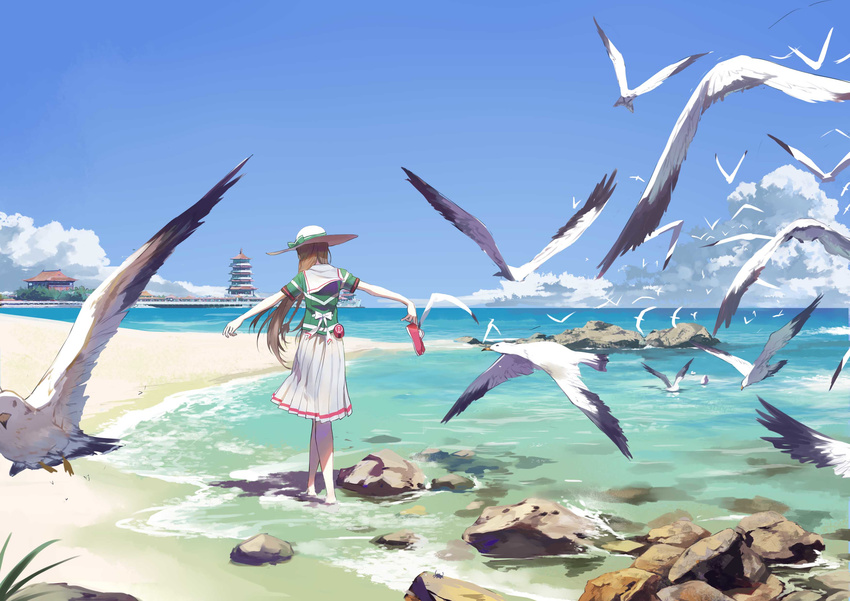 absurdres animal bird blue_sky braid brown_hair cloud crab day flock from_behind hat highres holding holding_shoes long_hair ocean original outstretched_arms pagoda pleated_skirt ribbon rock sailor_collar sand seagull shoes shoes_removed skirt sky solo spread_arms standing stflash sun_hat wading