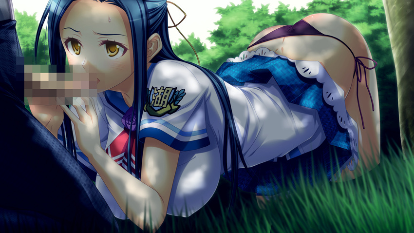 1girl all_fours black_panties blue_hair blush bomi censored dappled_sunlight fellatio game_cg grass hair_ribbon hetero highres kyougoku_yomi mosaic_censoring omae_no_pantsu_wa_nani_iro_da!? oral panties penis ribbon school_uniform side-tie_panties skirt solo_focus sunlight sweatdrop tree underwear yellow_eyes