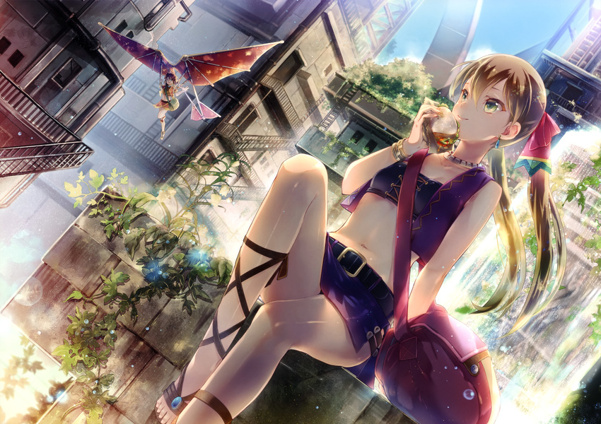 :d absurdres amy_(suisei_no_gargantia) ankle_lace-up bag bandeau bangle bangs belt bracelet brown_hair buckle building choker city cropped_vest cross-laced_footwear dutch_angle earrings eating flying food hair_between_eyes hair_ribbon hang_gliding highres jewelry knee_up ladder long_hair looking_afar melty_(suisei_no_gargantia) midriff miniskirt miyuki_ruria multiple_girls navel open_clothes open_mouth open_vest outdoors overgrown plant railing ribbon sandals sandwich short_sleeves shoulder_bag sitting skirt slender smile source_request stairs suisei_no_gargantia sunlight twintails vest vines water_drop waving yellow_eyes