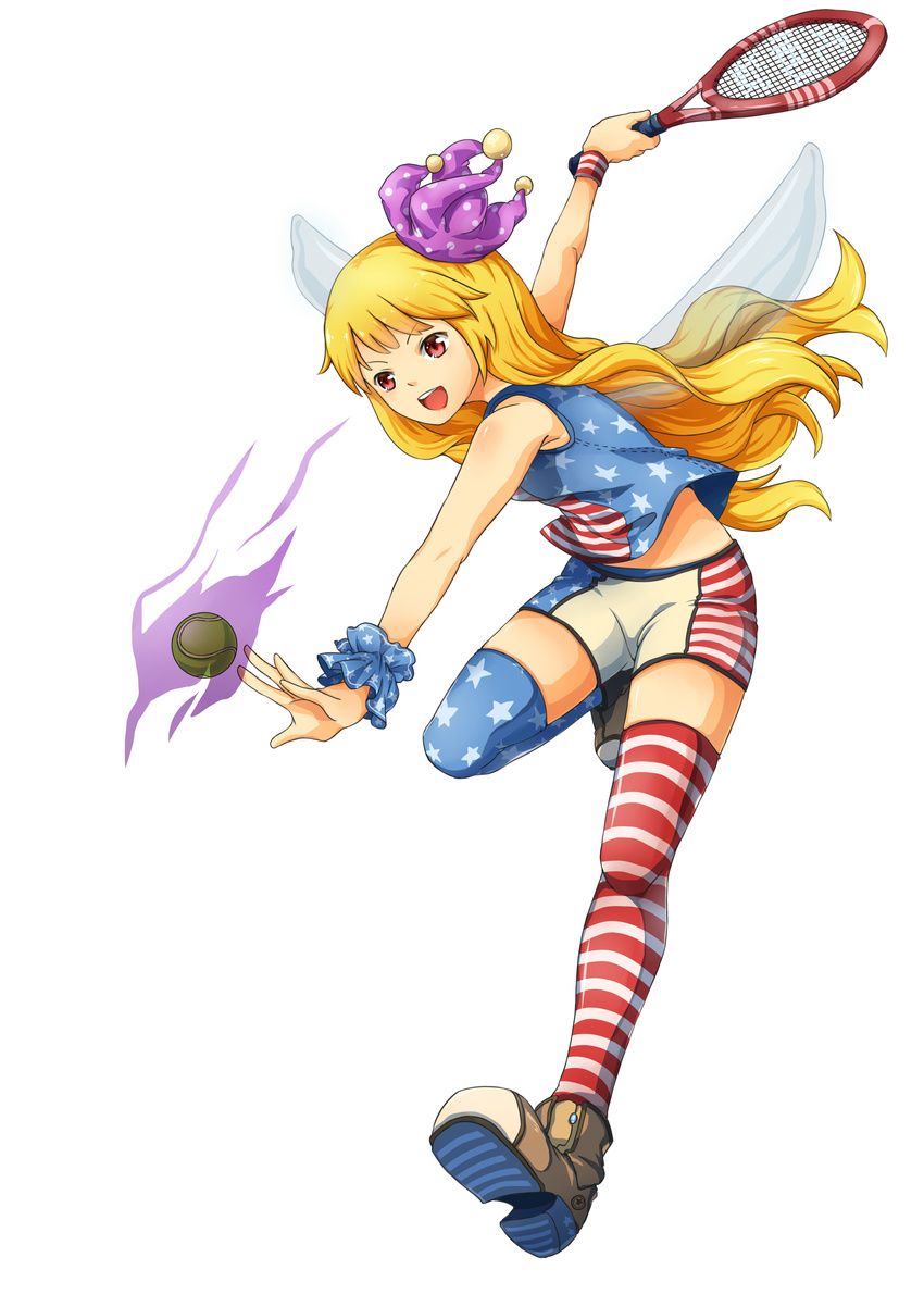 absurdres action adapted_costume alternate_legwear american_flag_legwear american_flag_shirt ball blonde_hair boots clownpiece fairy_wings flat_chest full_body hat highres jester_cap long_hair open_mouth playing_sports racket red_eyes short_shorts shorts simple_background solo sport sportswear striped striped_legwear suo_niao taut_clothes taut_shorts teeth tennis tennis_ball tennis_racket tennis_uniform thighhighs thighs touhou very_long_hair white_background wings