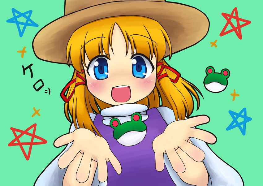 absurdres blonde_hair blue_eyes blush frog hair_ornament hair_ribbon hat highres johnny_(seek_as_1990sp) looking_at_viewer moriya_suwako mountain_of_faith open_mouth outstretched_hand red_ribbon ribbon short_hair simple_background smile solo star teal_background touhou translated