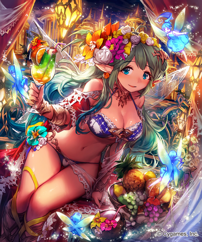 ahoge apple armlet bare_shoulders bikini blue_dress blue_eyes blue_hair breasts cleavage coconut cup daisy dress drinking_glass drinking_straw earrings eyebrows eyebrows_visible_through_hair fairy fairy_wings flower food fruit fruit_bowl fruit_cup grapes green_hair hair_flower hair_ornament head_wreath hibiscus highres jewelry lantern large_breasts lee_hyeseung lemon looking_at_viewer midriff multiple_girls navel official_art orange pineapple pointy_ears shingeki_no_bahamut sitting string_bikini swimsuit tropical_drink wine_glass wings