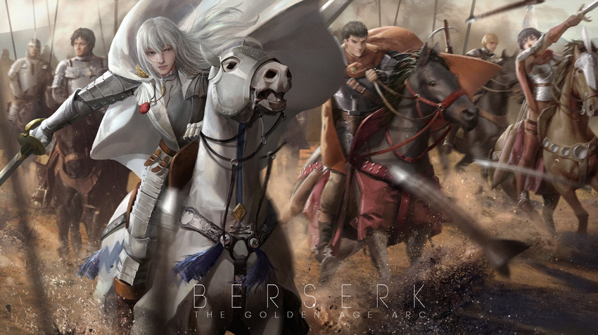 6+boys arrow battle berserk blonde_hair bow_(weapon) breastplate cape casca copyright_name crossbow gauntlets griffith guts horse horseback_riding knight lightofheaven long_hair multiple_boys polearm riding short_hair spear sword war weapon