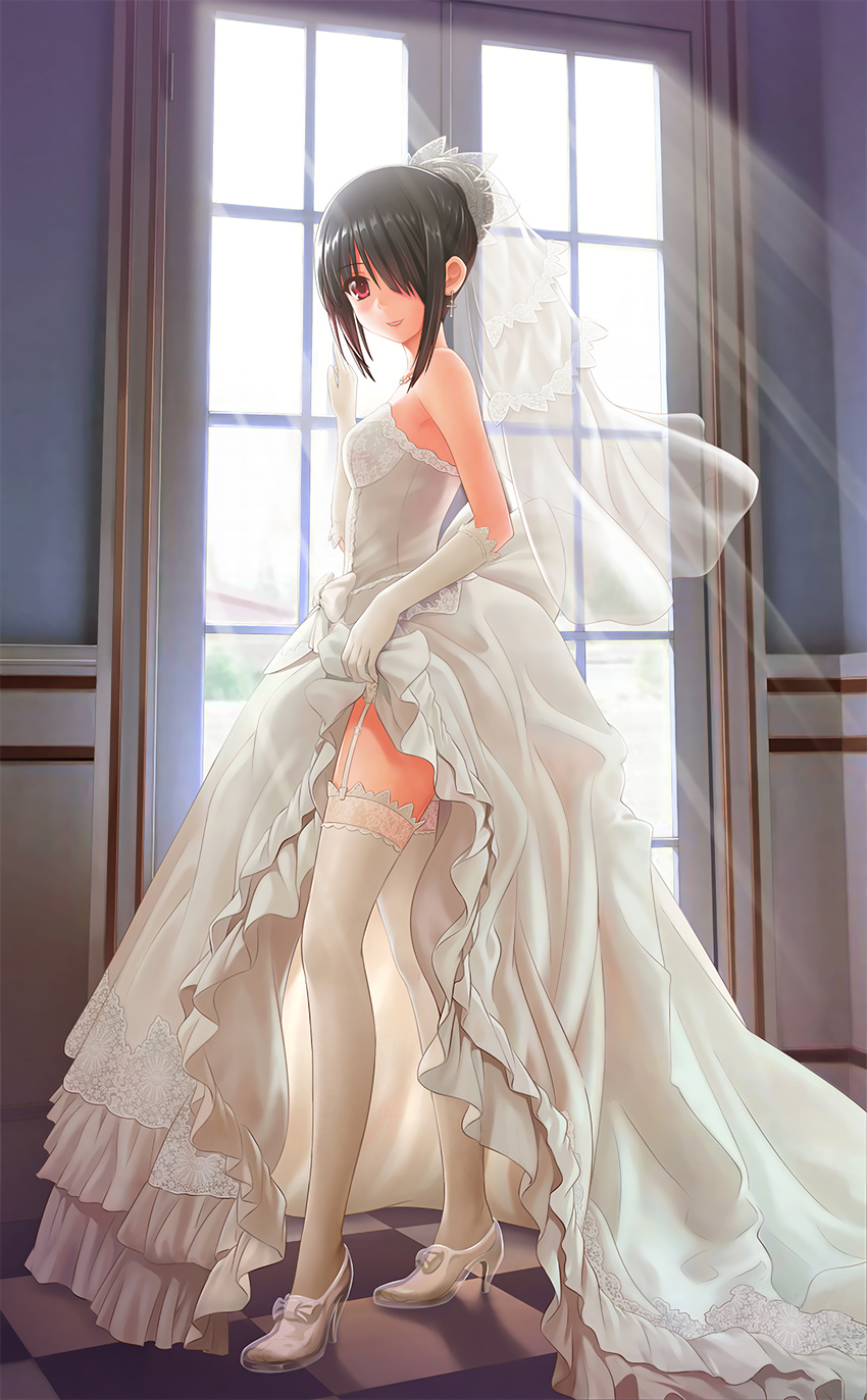 absurdres bare_shoulders black_hair bridal_veil checkered checkered_floor clock_eyes cross date_a_live dress dress_lift earrings elbow_gloves full_body garter_straps glass_slipper gloves hair_bun hair_over_one_eye high_heels highres jewelry lace lace-trimmed_thighhighs legs long_hair long_legs looking_at_viewer misakamitoko0903 necklace red_eyes resized shoes smile solo symbol-shaped_pupils thighhighs tokisaki_kurumi upscaled veil waifu2x wedding_dress white_legwear window