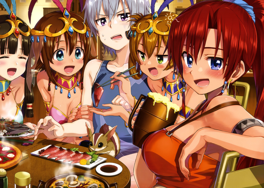 4girls :d ^_^ absurdres amy_(suisei_no_gargantia) armlet beer_mug bellows_(suisei_no_gargantia) chiba_sadoru circlet closed_eyes cup dancer earrings folded_hair food hair_rings highres holding holding_cup jewelry ledo_(suisei_no_gargantia) melty_(suisei_no_gargantia) multiple_girls open_mouth saaya_(suisei_no_gargantia) smile suisei_no_gargantia