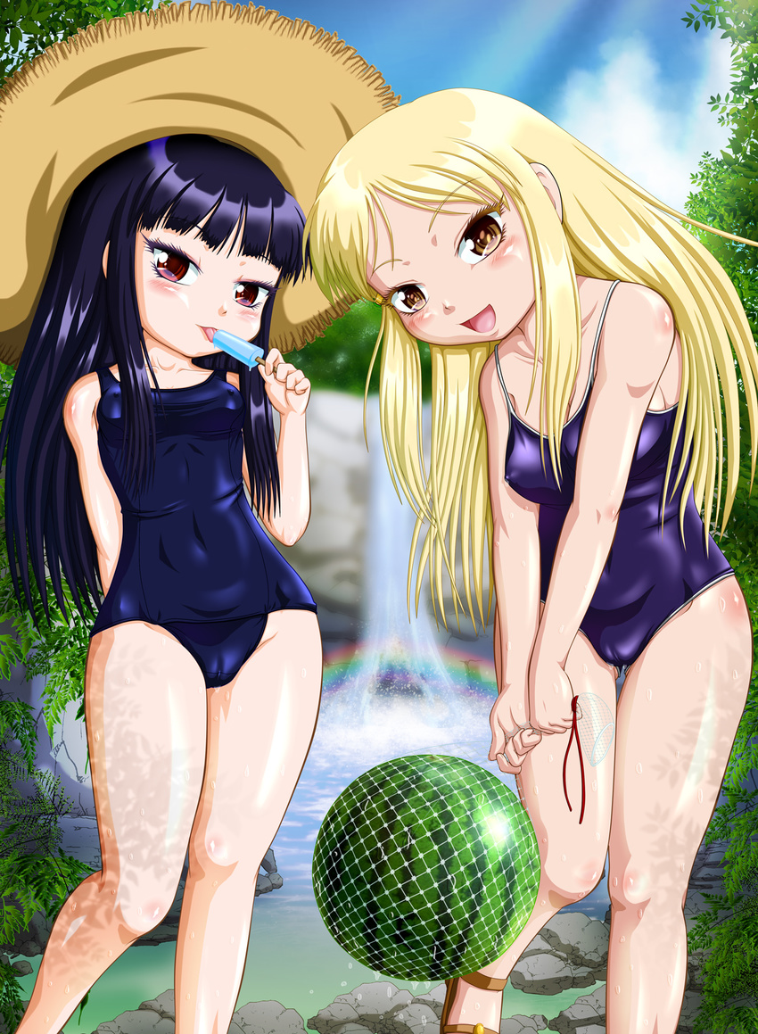 commentary_request competition_school_swimsuit ebi_daruma food fruit hidaka_koharu high_score_girl highres multiple_girls net old_school_swimsuit one-piece_swimsuit oono_akira school_swimsuit shochuumimai swimsuit watermelon