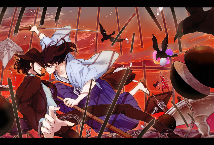 arsene_lupin_iii black_hair cigarette facial_hair formal hat highres ishikawa_goemon_xiii jacket jigen_daisuke lupin_iii male_focus multiple_boys necktie red_jacket sideburns smoking suit sword tsuntsun_(tuuuuuuntun) weapon zenigata_kouichi