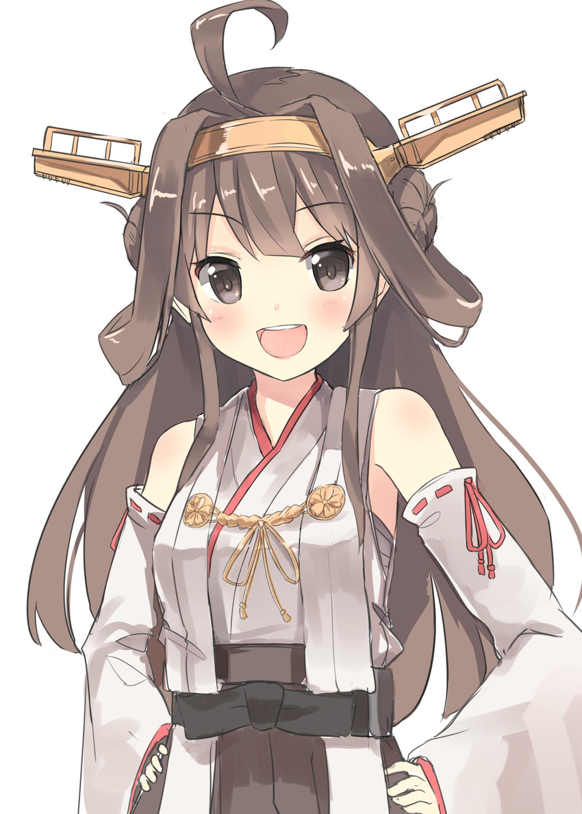 :d ahoge bare_shoulders brown_eyes brown_hair cowboy_shot detached_sleeves double_bun hands_on_hips headgear highres isegawa_yasutaka kantai_collection kongou_(kantai_collection) long_hair looking_at_viewer nontraditional_miko open_mouth ribbon-trimmed_sleeves ribbon_trim simple_background smile solo white_background