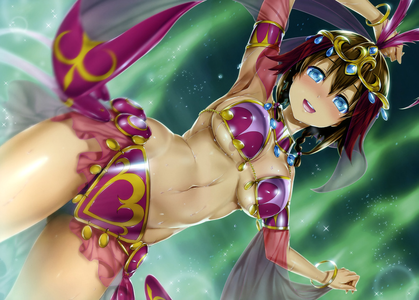 absurdres amy_(suisei_no_gargantia) armlet armor armpits bare_shoulders bikini_armor blue_eyes blurry blush bra breasts brown_hair circlet contrapposto cowboy_shot dancer dancing depth_of_field dutch_angle highres hisasi jewelry large_breasts looking_at_viewer navel night night_sky open_mouth revealing_clothes short_hair sky smile solo standing suisei_no_gargantia sweat underwear