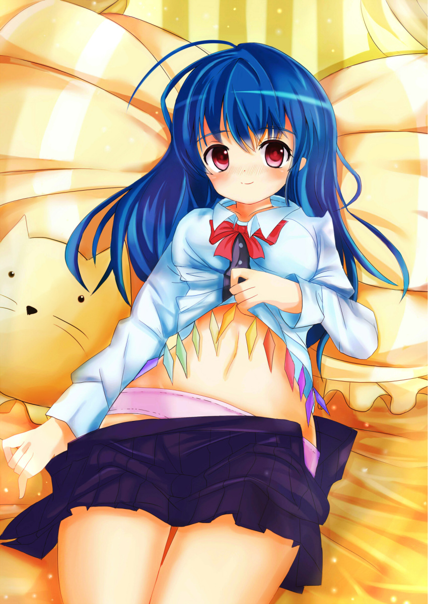 1girl ahoge bangs blue_hair blush bow breasts eyebrows_visible_through_hair highres hinanawi_tenshi lifted_by_self long_hair long_sleeves looking_at_viewer nyahonyaho1987 panties pink_panties pleated_skirt pulled_by_self purple_skirt red_bow red_eyes red_neckwear shirt shirt_lift skirt skirt_pull solo touhou underwear white_shirt