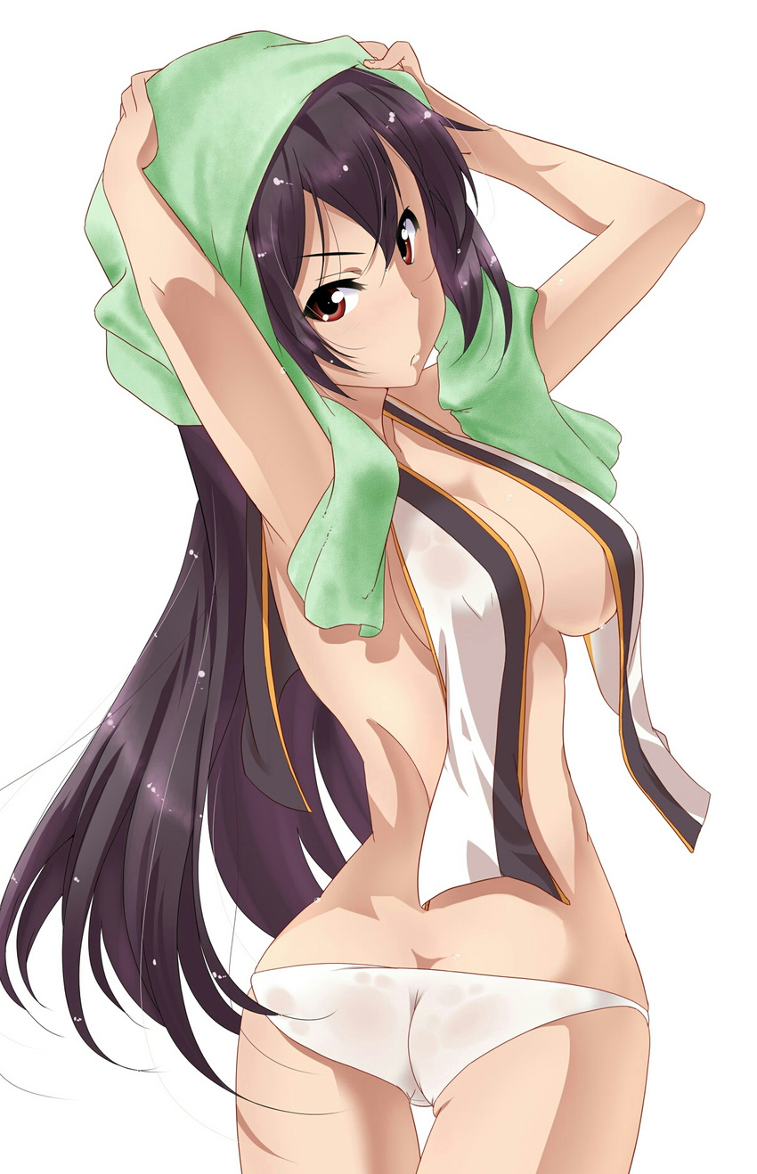 black_hair breasts covered_nipples cowboy_shot highres iga_tamaki kantai_collection large_breasts looking_back nagato_(kantai_collection) panties red_eyes solo towel towel_on_head twisted_torso underwear wet wet_clothes white_panties