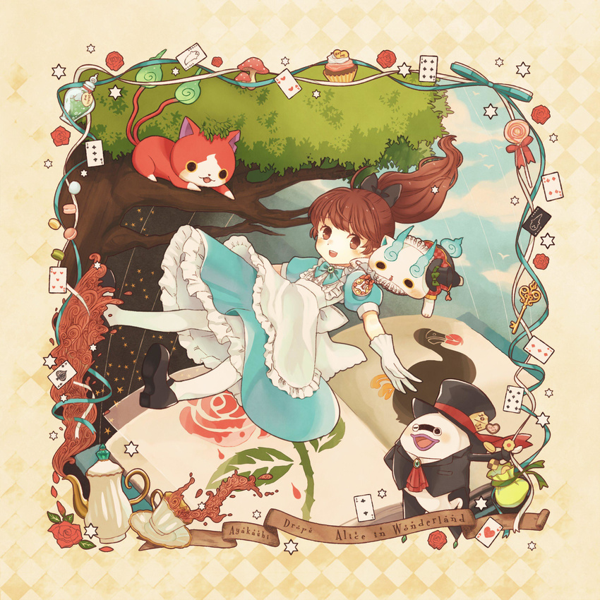 absurdres alice_(wonderland) alice_(wonderland)_(cosplay) alice_in_wonderland banner bird black_tea blue_sky book brown_eyes brown_hair candy card cat checkerboard_cookie cloud commentary_request cookie copyright_name cosplay cup cupcake dress drink_me eat_me english flamingo flower food ghost gloves hat highres jibanyan kanacho kodama_fumika komasan lollipop long_hair macaron mad_hatter mad_hatter_(cosplay) mary_janes multiple_tails mushroom notched_ear one_eye_closed open_mouth outdoors pantyhose playing_card ponytail puffy_short_sleeves puffy_sleeves purple_lips rose saucer shoes short_sleeves sky swirl_lollipop tail tea teacup teapot top_hat tree two_tails whis whisper_(youkai_watch) white_gloves white_legwear white_rabbit white_rabbit_(cosplay) youkai youkai_watch