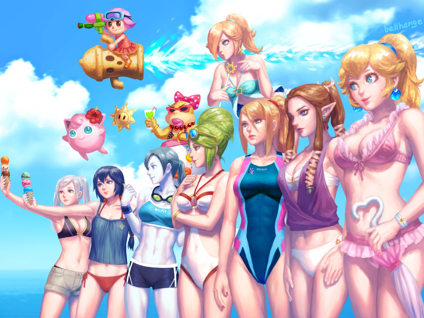 abs alternate_hairstyle aqua_eyes artist_name bad_revision bangs beach bellhenge black_hair blonde_hair blue_eyes blue_hair blush bow breasts brown_eyes brown_hair cleavage cloud competition_swimsuit copyright_name day derivative_work doubutsu_no_mori earrings female_my_unit_(fire_emblem:_kakusei) fire_emblem fire_emblem:_kakusei food gen_1_pokemon goggles goggles_around_neck green_eyes green_hair grey_hair group_picture group_profile hair_bun highres holding ice_cream jewelry jigglypuff kid_icarus large_bow large_breasts lineup lips lipstick long_hair lucina makeup mario_(series) md5_mismatch medium_breasts metroid midriff multiple_girls my_unit_(fire_emblem:_kakusei) navel one-piece_swimsuit outdoors palutena parody pink_hair pointy_ears pokemon pokemon_(creature) ponytail princess_peach princess_zelda profile resized rosetta_(mario) samus_aran short_hair sidelocks sky small_breasts smile standing sunglasses super_mario_bros. super_mario_galaxy super_smash_bros. super_soaker swimsuit the_legend_of_zelda the_legend_of_zelda:_twilight_princess twintails umbrella upscaled villager_(doubutsu_no_mori) wendy_o._koopa white_hair white_skin wii_fit wii_fit_trainer
