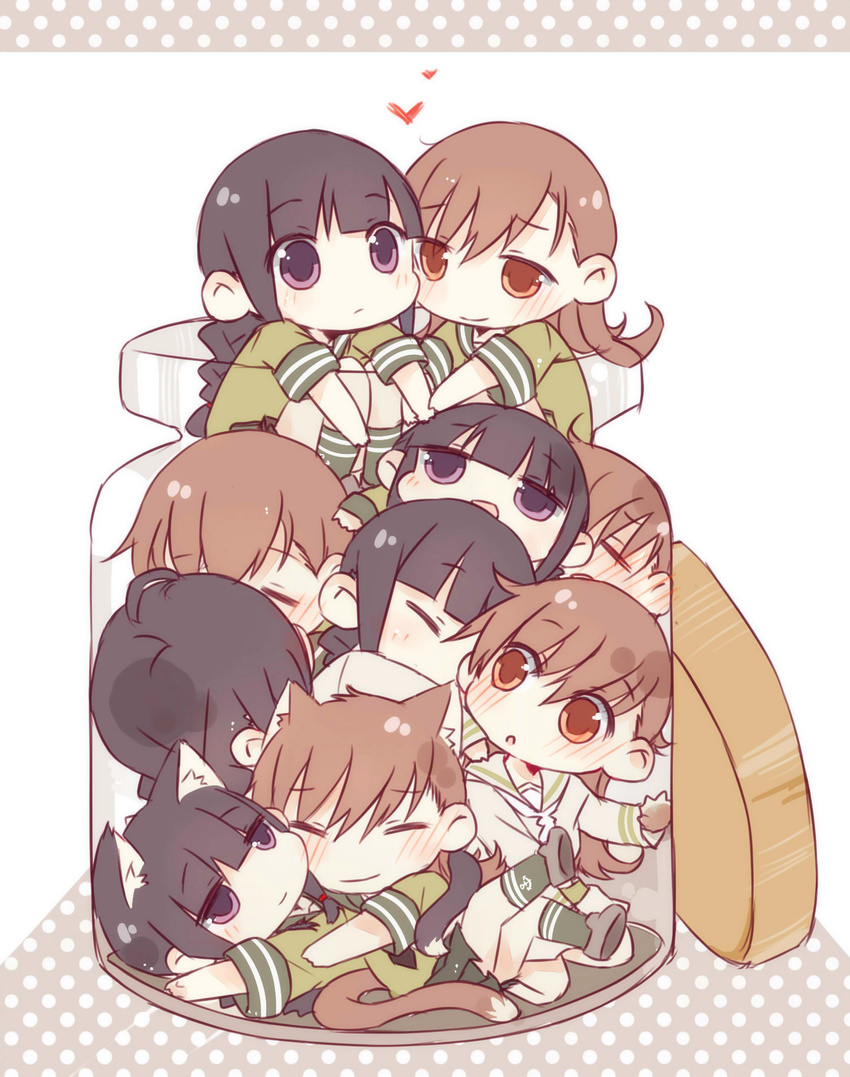 anchor_symbol animal_ears blush bottle braid brown_hair cat_ears cat_tail closed_eyes closed_mouth fud heart highres kantai_collection kemonomimi_mode kitakami_(kantai_collection) long_hair long_sleeves multiple_girls multiple_persona ooi_(kantai_collection) school_uniform serafuku short_sleeves smile tail yuri