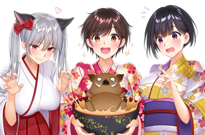 3girls :d animal animal_ears bangs black_hair blush boar bow bowl breasts brown_eyes brown_hair cat_ears chinese_zodiac claw_pose closed_mouth commentary_request eyebrows_visible_through_hair fang floral_print flying_sweatdrops food hair_between_eyes hair_bow hakama hand_up hands_up heart holding holding_bowl japanese_clothes kimono large_breasts long_hair long_sleeves looking_at_viewer multiple_girls new_year o_o obi open_mouth print_kimono purple_eyes red_bow red_eyes red_hakama sash shimashima08123 shiny shiny_hair short_hair sidelocks silver_hair simple_background smile soup sparkle splashing tears tokyo_exe_girls unmoving_pattern upper_body upper_teeth wavy_mouth white_background white_kimono wide_sleeves year_of_the_pig