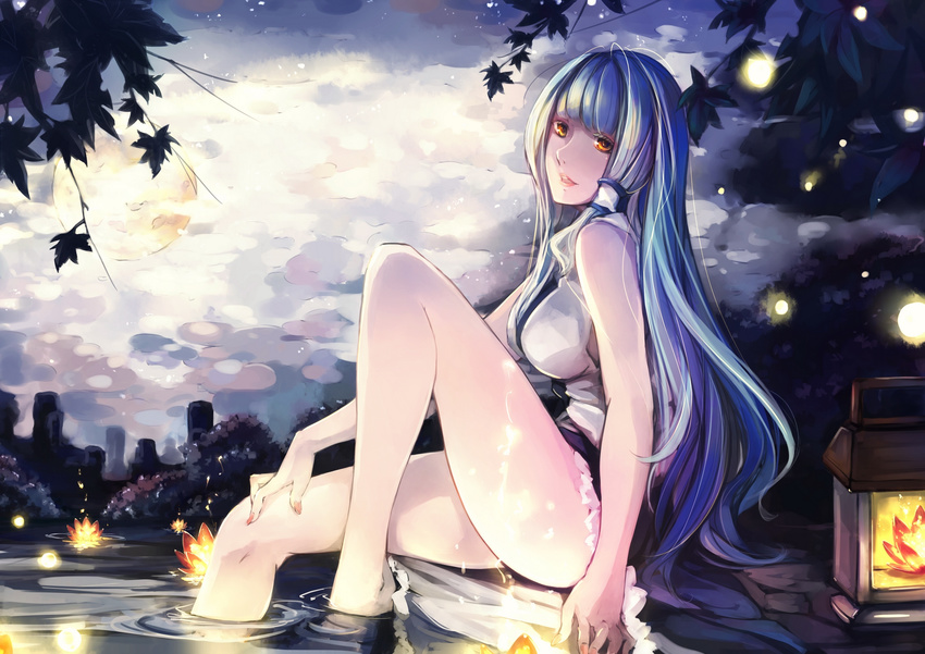 bad_id bad_pixiv_id bangs bare_legs blue_hair breasts bush cloud cloudy_sky derivative_work eyelashes fingernails flower full_moon green_hair hair_over_shoulder hair_tubes highres kalalasan kochiya_sanae lantern light light_particles lips long_hair long_skirt looking_to_the_side medium_breasts moon night night_sky nose open_mouth silhouette sitting sitting_on_rock skirt sky sleeveless soaking_feet solo star_(sky) starry_sky stream thighs touhou tree very_long_hair water yellow_eyes