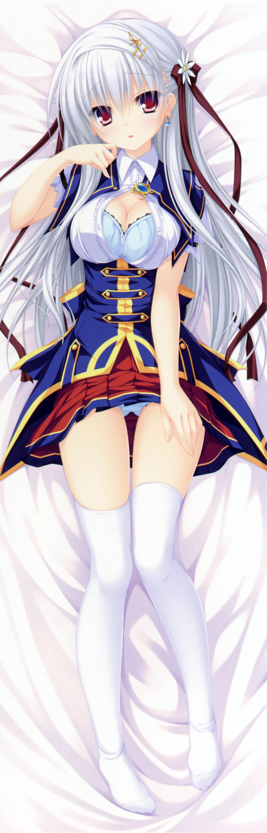 absurdres blue_bra blue_panties bra breasts cleavage dakimakura full_body highres justy_x_nasty large_breasts mikagami_mamizu onose_mana open_clothes open_shirt panties pantyshot red_eyes scan shirt skirt skirt_lift solo thighhighs underwear white_hair white_legwear