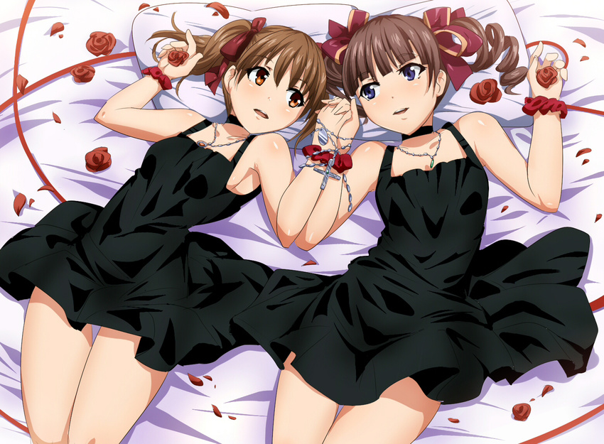 bare_arms bare_shoulders black_dress blue_eyes bracelet brown_eyes brown_hair choker dress drill_hair flower fukuzawa_yumi holding_hands interlocked_fingers jewelry look-alike lying maria-sama_ga_miteru matsudaira_touko multiple_girls necklace on_back pendant petals pillow red_flower red_rose rosary rose sleeveless sleeveless_dress twin_drills twintails umakatsuhai