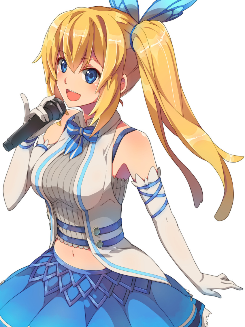1girl :d armpits bangs bare_shoulders blonde_hair blue_eyes blue_neckwear blue_skirt blush bow bowtie bra_strap chiharu_(9654784) collared_shirt commentary_request elbow_gloves eyebrows_visible_through_hair gloves grey_shirt hair_between_eyes hair_ornament hand_up head_tilt highres holding holding_microphone long_hair looking_at_viewer microphone midriff miniskirt mirai_akari mirai_akari_project navel open_mouth pinky_out ribbed_shirt shirt side_ponytail sidelocks simple_background skirt sleeveless sleeveless_shirt smile solo upper_teeth vest virtual_youtuber white_background white_gloves white_vest