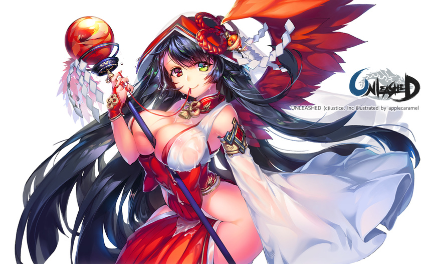 apple_caramel armlet artist_name bare_hips bell between_breasts black_hair breasts bubble copyright_name covered_nipples detached_sleeves feathered_wings feathers fingerless_gloves gloves green_eyes heterochromia hip_vent hips japanese_clothes large_breasts long_hair looking_at_viewer miko mouth_hold navel no_panties nontraditional_miko orb red_eyes red_wings rope see-through shimenawa shiny shiny_hair simple_background single_glove single_sleeve single_wing smile solo staff thighs unleashed very_long_hair wakamezake wet wet_clothes white_background wings