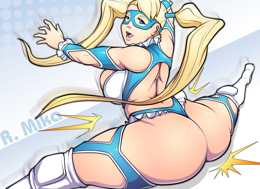 ass blonde_hair blue_eyes breasts female gradient gradient_background halftone halftone_background huge_ass long_hair mask onagi rainbow_mika solo street_fighter street_fighter_v twintails