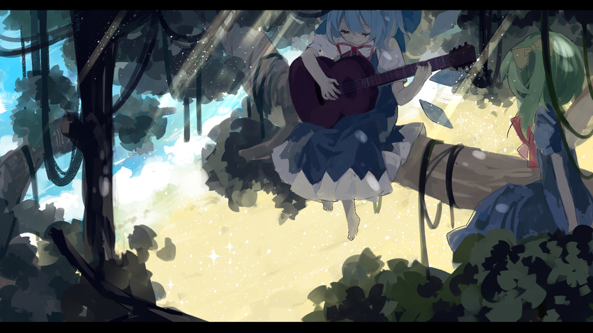 acoustic_guitar barefoot blue_dress blue_hair border bow cirno closed_eyes daiyousei dress fairy_wings green_hair guitar hair_bow hair_ribbon highres ice ice_wings in_tree instrument light_particles multiple_girls music playing_instrument puffy_sleeves ribbon short_sleeves side_ponytail sitting sitting_in_tree smile touhou tree violet_(qs312556616) wings