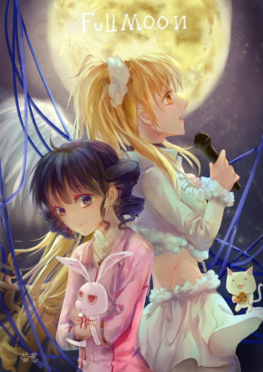 absurdres angel_wings black_eyes black_hair blonde_hair blue_ribbon bunny cat character_name drill_hair dual_persona feathered_wings from_side full_moon full_moon_(full_moon_wo_sagashite) full_moon_wo_sagashite fur_trim hair_ornament high_ponytail highres holding kouyama_mitsuki long_hair meroko_yui meroko_yui_(bunny) microphone moon multiple_girls music older profile ribbon shanyinre singing skirt takuto_kira takuto_kira_(cat) time_paradox twin_drills very_long_hair white_skirt wings yellow_eyes