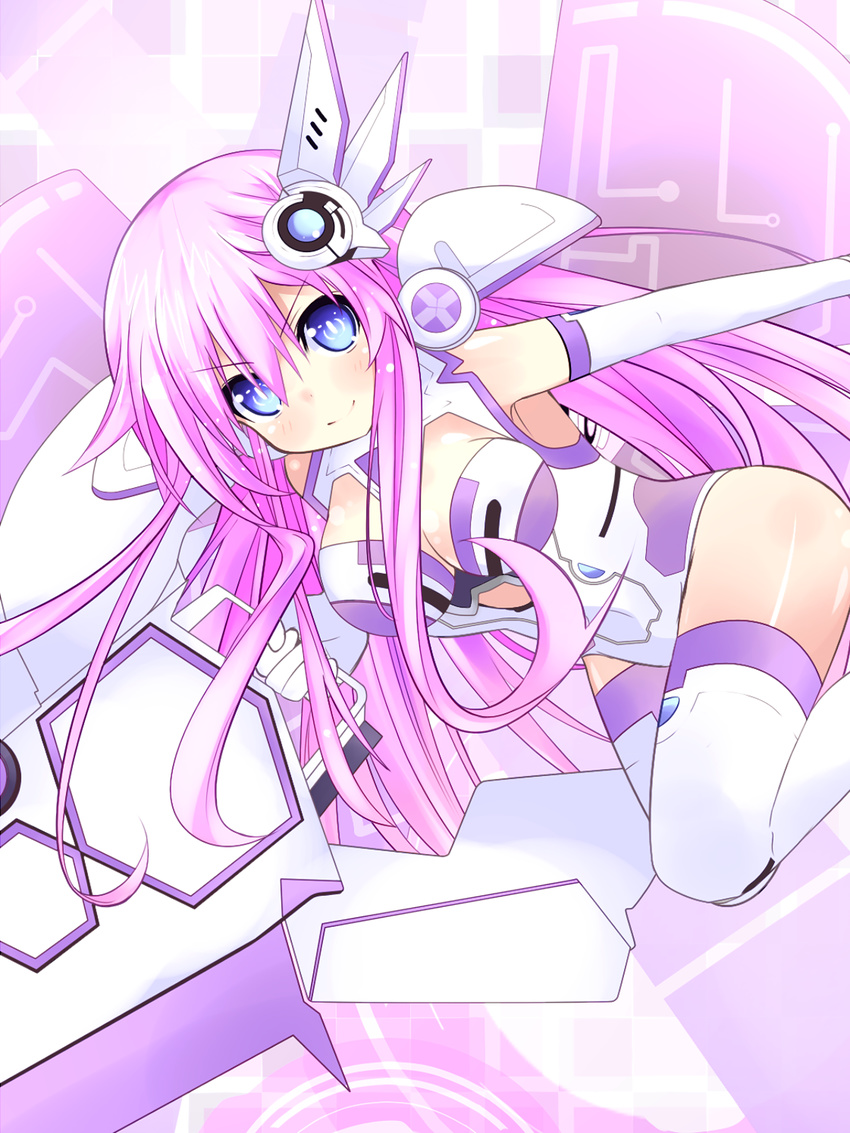 &gt;:) armor armpits bangs bare_shoulders blue_eyes blush breasts cleavage cleavage_cutout dutch_angle elbow_gloves gloves gun gunblade hair_between_eyes hair_ornament halterneck highres holding holding_weapon huge_weapon jumping large_breasts lavender_hair leotard light_smile long_hair looking_at_viewer magical_girl nepgear neptune_(series) pauldrons power_symbol purple_sister smile solo sword symbol-shaped_pupils v-shaped_eyebrows very_long_hair warabi_mochi_(ehimedaisuki) weapon white_gloves white_legwear wings