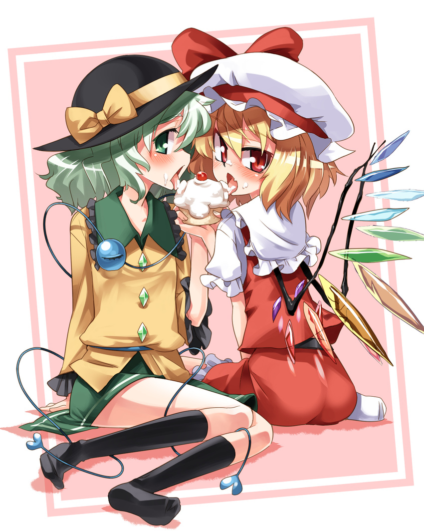 black_legwear blonde_hair blush cherry cupcake flandre_scarlet food fruit gengorou green_eyes green_hair hat highres kneehighs komeiji_koishi messy multiple_girls red_eyes sexually_suggestive short_hair socks tongue touhou