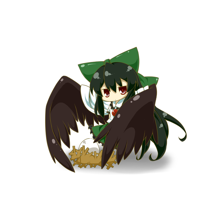 bad_id bad_pixiv_id black_hair bow chibi egg eiri_(eirri) eyes green_bow hair_bow highres long_hair nest red_eyes reiuji_utsuho solo touhou wings