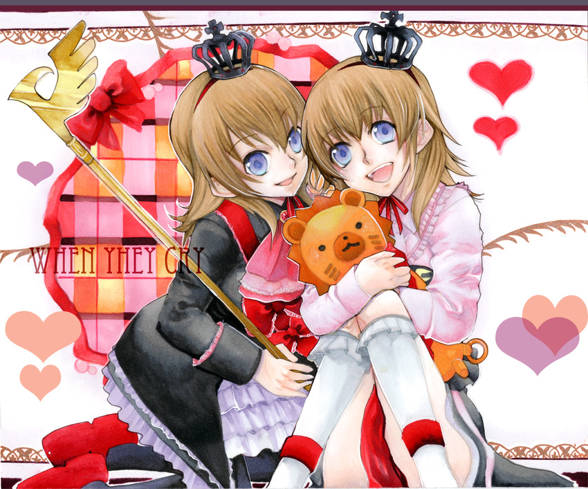 blue_eyes bow bowtie brown_hair crown dress dual_persona frills maria_(umineko) multiple_girls noppo ribbon sakutarou short_hair smile socks staff traditional_media umineko_no_naku_koro_ni ushiromiya_maria