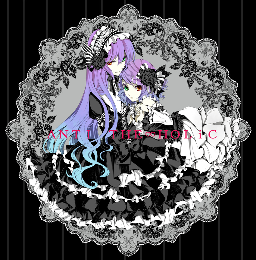 anti_the_infinite_holic_(vocaloid) dress flower frills gothic_lolita gradient_hair green_eyes hair_flower hair_ornament hair_ribbon hairband hairclip heterochromia highres kagamine_rin lolita_fashion long_hair macco megurine_luka multicolored_hair multiple_girls purple_hair red_eyes ribbon rose short_hair vocaloid