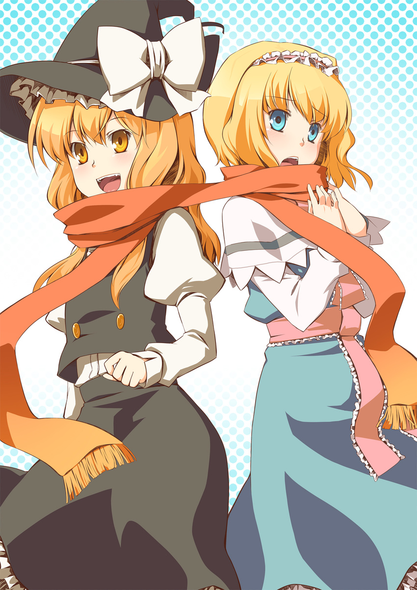 aaru_(tenrake_chaya) alice_margatroid blonde_hair blue_eyes buttons dress hairband hat highres kirisame_marisa multiple_girls open_mouth orange_scarf scarf shared_scarf touhou witch_hat yellow_eyes