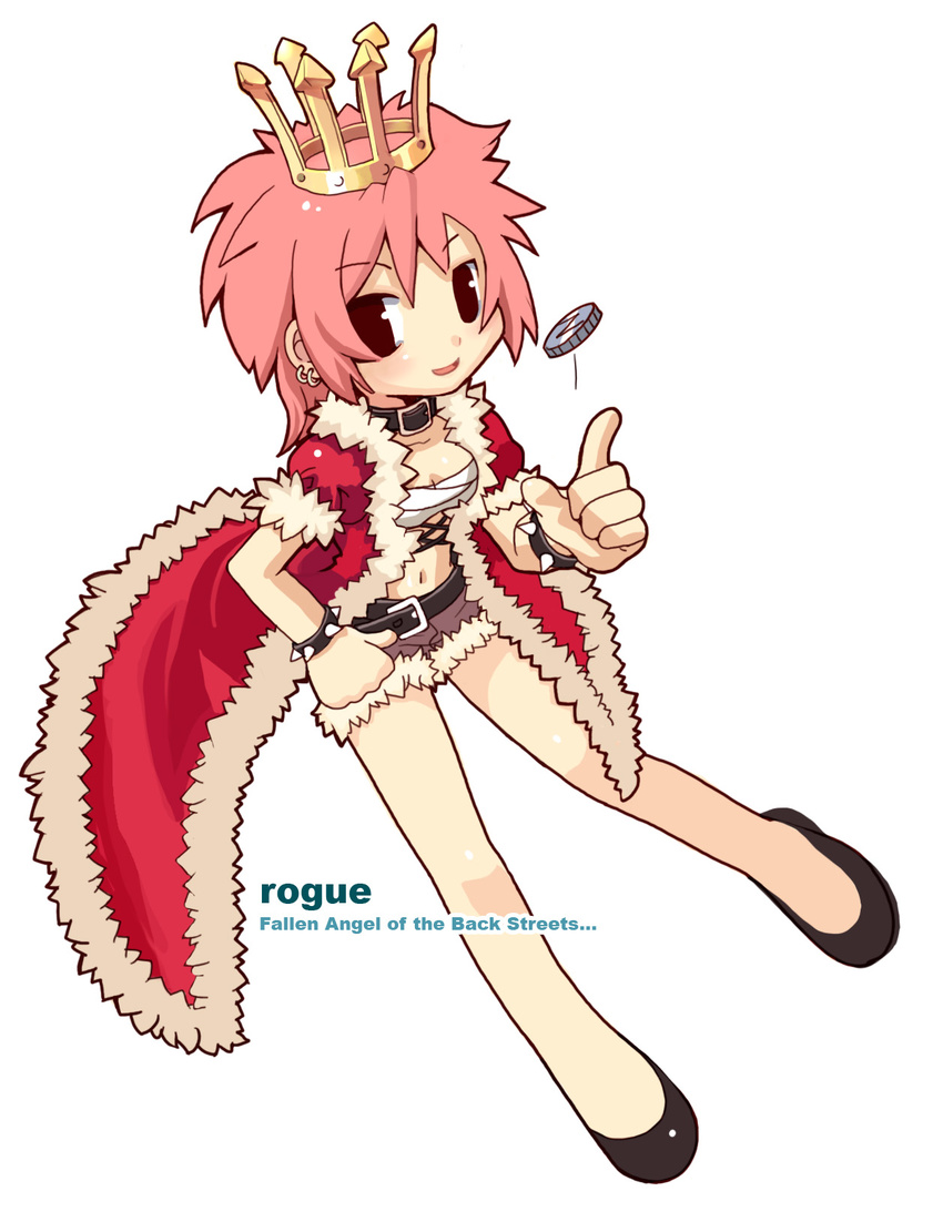 bare_legs belt black_eyes bracelet character_name coin coin_flip crown cutoffs earrings english flats floating fur fur_trim highres jewelry light_smile looking_at_viewer navel pink_hair puffy_sleeves ragnarok_online rogue_(ragnarok_online) sarashi short_hair short_shorts shorts simple_background solo spiked_bracelet spikes text_focus white_background