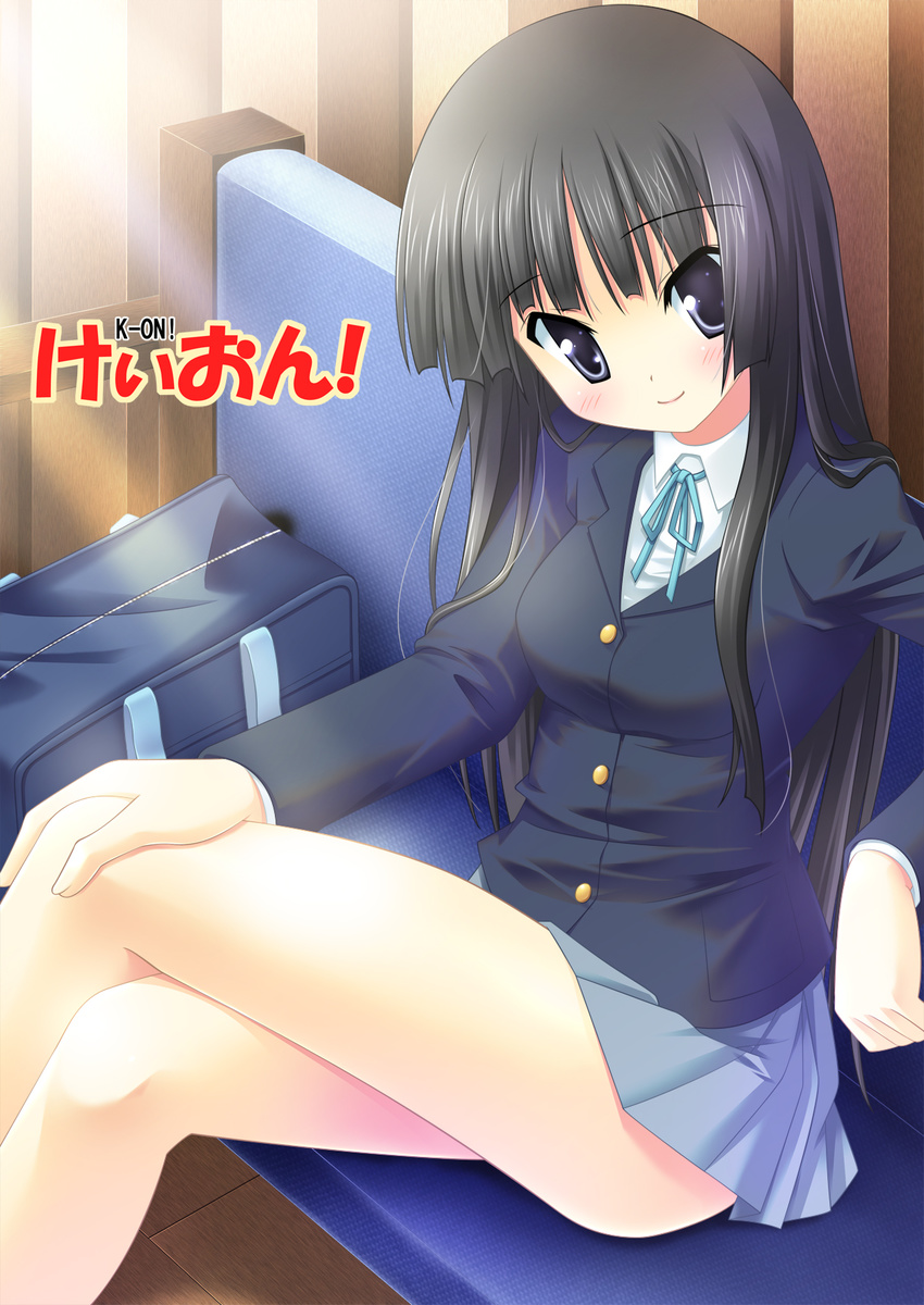 akiyama_mio bag black_eyes black_hair couch crossed_legs highres k-on! long_hair nanase_yuuji school_uniform sitting solo