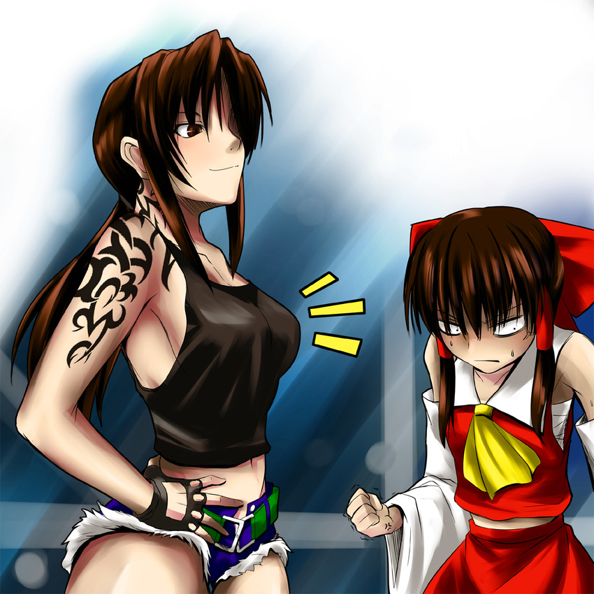 bad_id bad_pixiv_id black_lagoon breast_envy copycat_(dryfood) crossover hakurei_reimu highres multiple_girls revy_(black_lagoon) sarashi smirk tattoo touhou