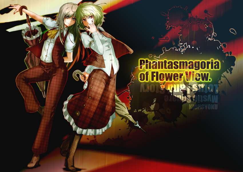 arm_behind_back armband ascot blood blood_splatter boots brown_footwear closed_umbrella copyright_name covering_mouth dual_persona eyes_visible_through_hair flower_ornament frilled_skirt frills green_eyes green_hair hips kazami_yuuka kazami_yuuka_(pc-98) knee_boots leaning_back leaning_to_the_side leg_up long_hair long_skirt long_sleeves multiple_girls muted_color nail_polish open_clothes open_hand open_vest outstretched_arm pants plaid plaid_pants plaid_skirt plaid_vest puffy_long_sleeves puffy_short_sleeves puffy_sleeves red_eyes red_nails shirt short_hair short_sleeves skirt standing standing_on_one_leg touhou touhou_(pc-98) umbrella untucked_shirt very_long_hair vest wakashinoda_kei whispering