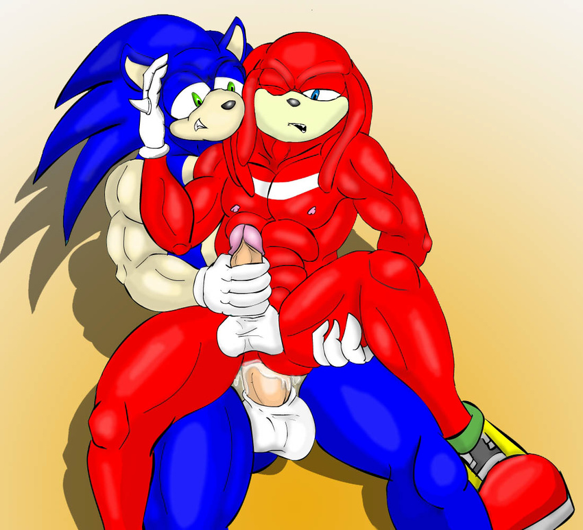 anal begami blue_eyes clothing cum footwear gloves green_eyes knuckles_the_echidna male male/male penis shoes sonic_(series) sonic_the_hedgehog