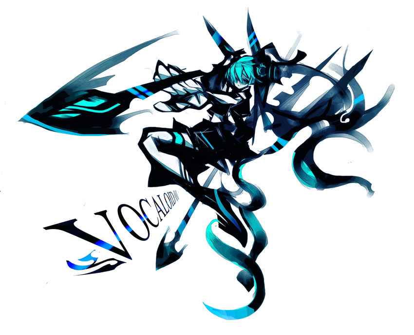 abstract aqua aqua_eyes aqua_hair commentary_request copyright_name dark_persona foreshortening full_body hatsune_miku headgear highres kiku_(kicdoc) looking_at_viewer monochrome polearm simple_background skirt solo spear thighhighs vocaloid weapon white_background