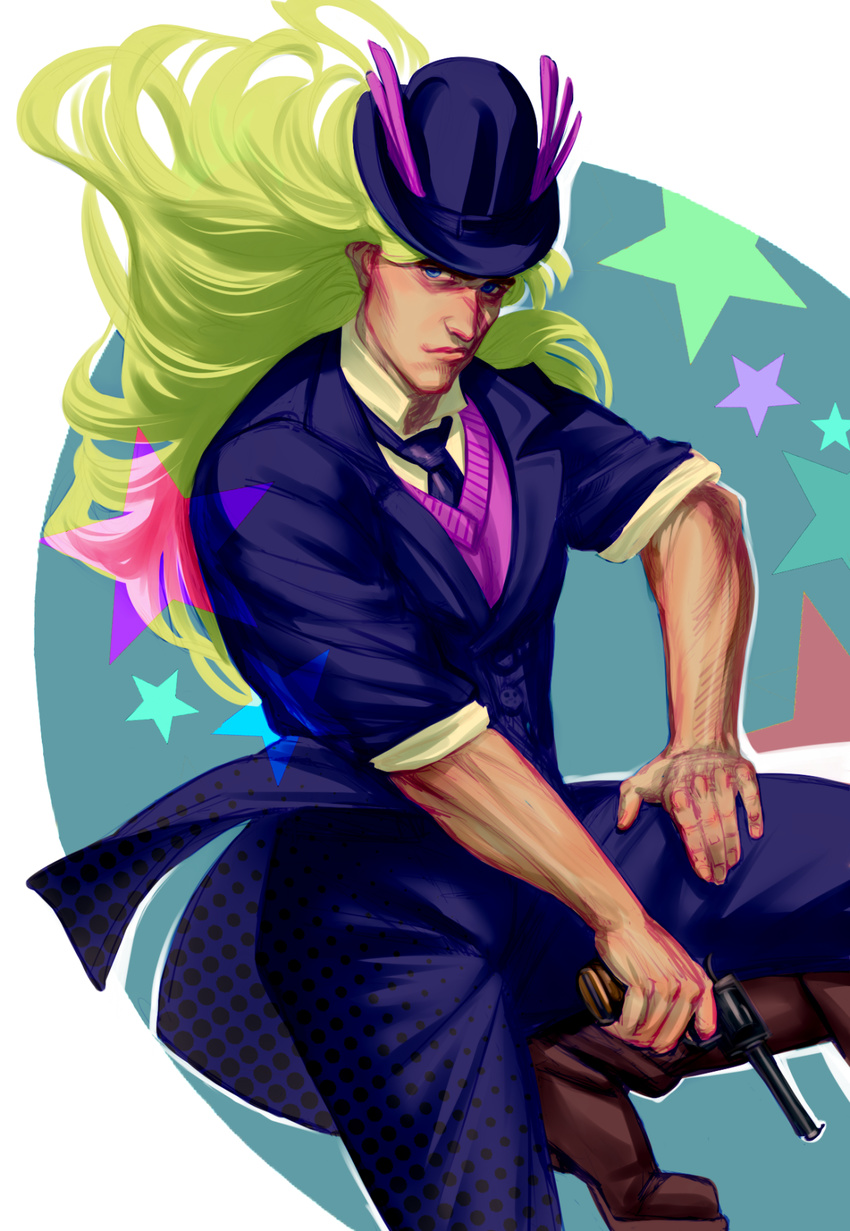 blonde_hair blue_eyes finger_on_trigger formal gun halftone handgun hat highres holding holding_gun holding_weapon jojo_no_kimyou_na_bouken long_hair male_focus necktie revolver robert_eo_speedwagon scar simple_background sir_garrowman sleeves_rolled_up solo star suit weapon