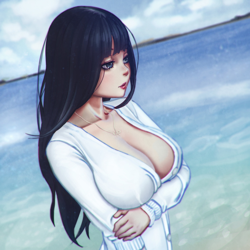 absurdres arm_grab beach black_hair blue_eyes blue_sky breasts chromatic_aberration cleavage cloud collarbone day derivative_work eyelashes highres ilya_kuvshinov_(style) jewelry large_breasts lips long_hair looking_away necklace nikita_varb nose ocean original outdoors parody photo-referenced real_life shore short_sleeves sky solo style_parody upper_body