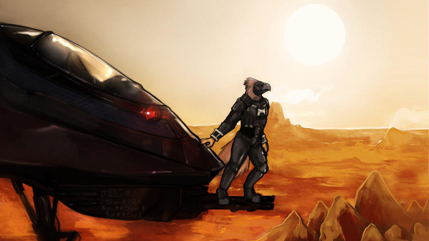 absurd_res armor avian beak bird brown_eyes desert eagle eyebrows feathers hi_res leaning male philippine_eagle pirate_eagle science_fiction solo space spacecraft star_citizen sunrise tail_feathers torakuta vehicle wallpaper